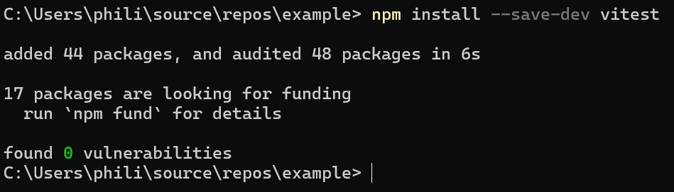Console terminal that's shown installing vitest via npm without any warnings or errors