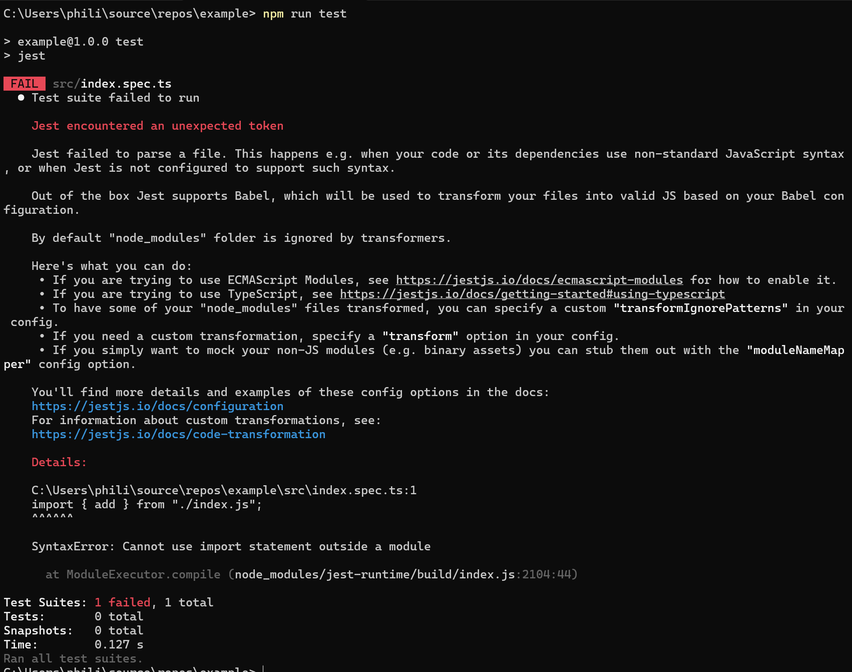 Console terminal showing an error message about how Jest wasn't able to transpile the file, citing ECMAScript Module as being the possible issue