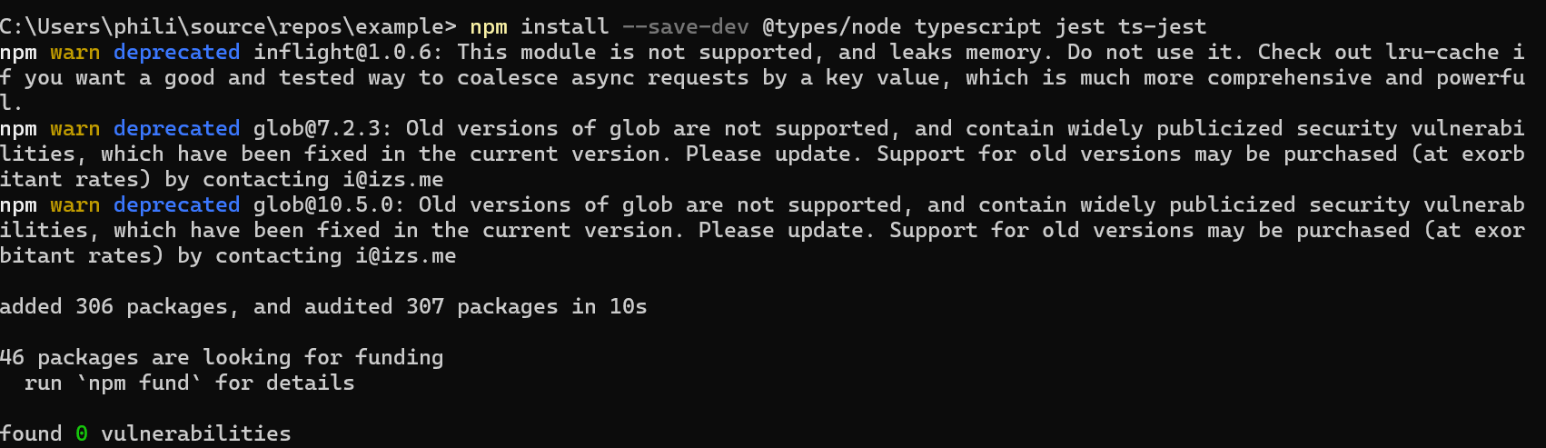 Console terminal showing the security vulnerabilities with glob, a package that's being 