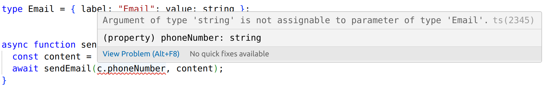 Compilation error that we can't pass a string to an email